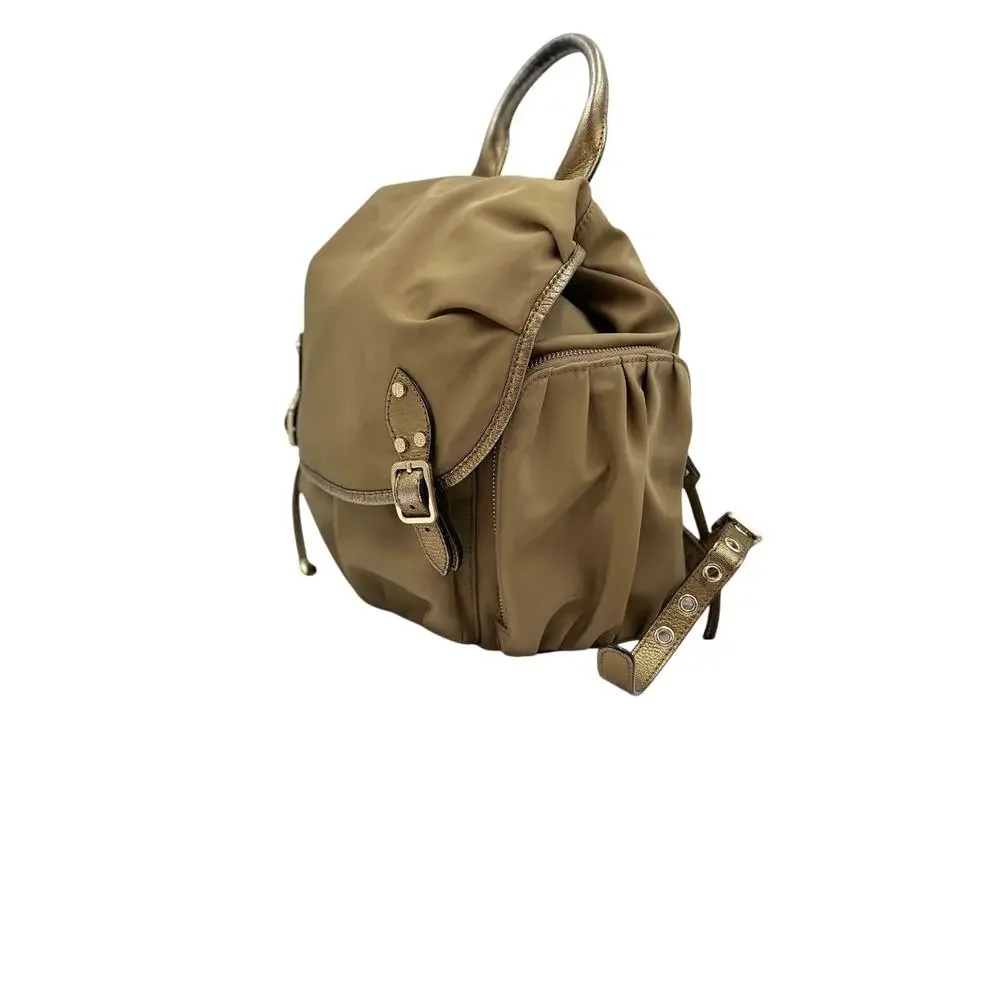 MZ Wallace Marlena Bedford Nylon Drawstring Backpack Tan Metallic Leather Trim